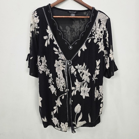 Vtg Y2K Appointments Blouse Top 3X Black White Floral Flutter Sleeves Whimsigoth - Picture 1 of 13